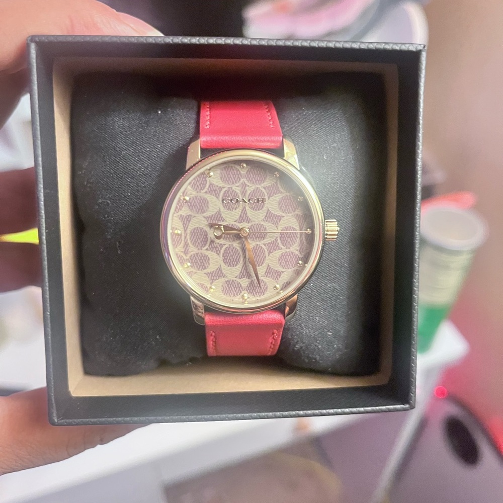 Coach Women's Watch with Red Strap and Gold Accents